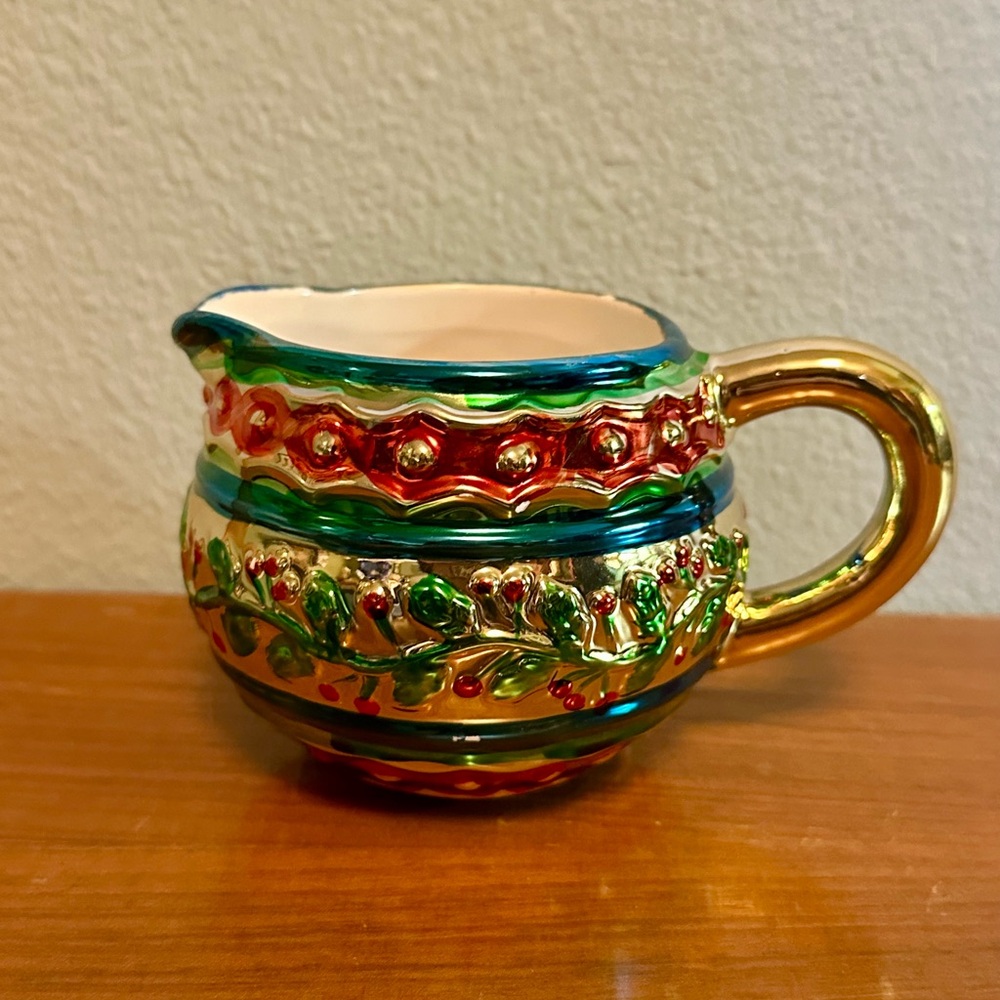 Colorful Christmas Small Ceramic Pitcher with Gold Handle